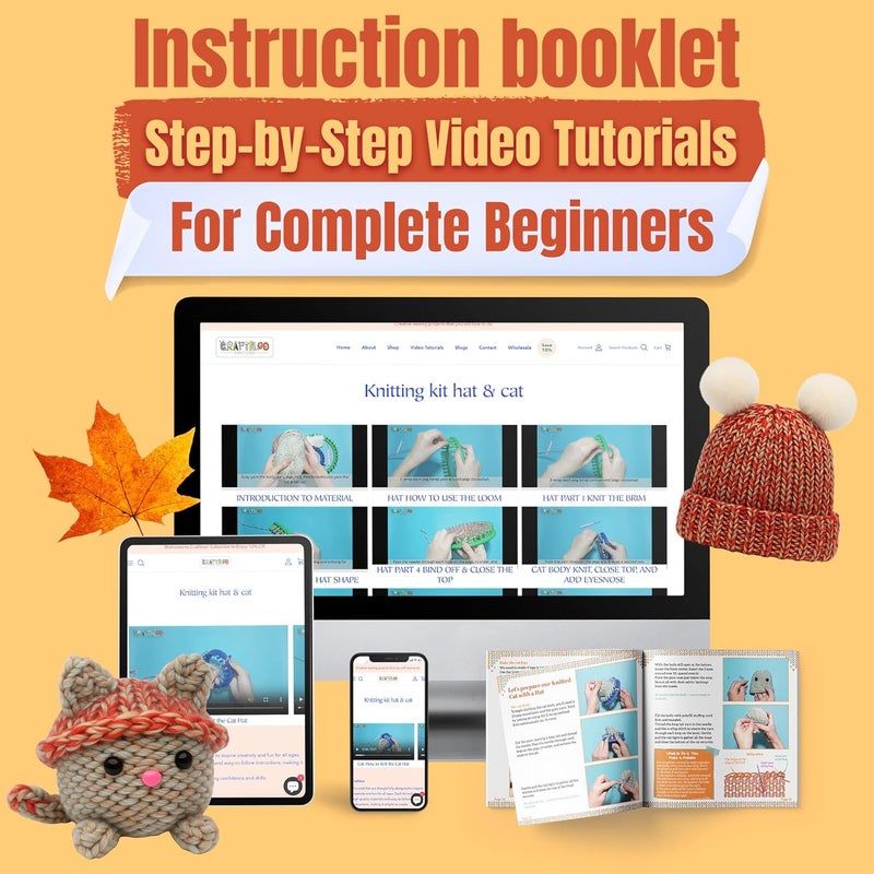 CRAFTILOO Knitting Kit for Kids – Beginner Knitting Kit to Make a Hat & Cat – Quick Knit Loom Kit with Yarn, Tools & Instructions - Image 4